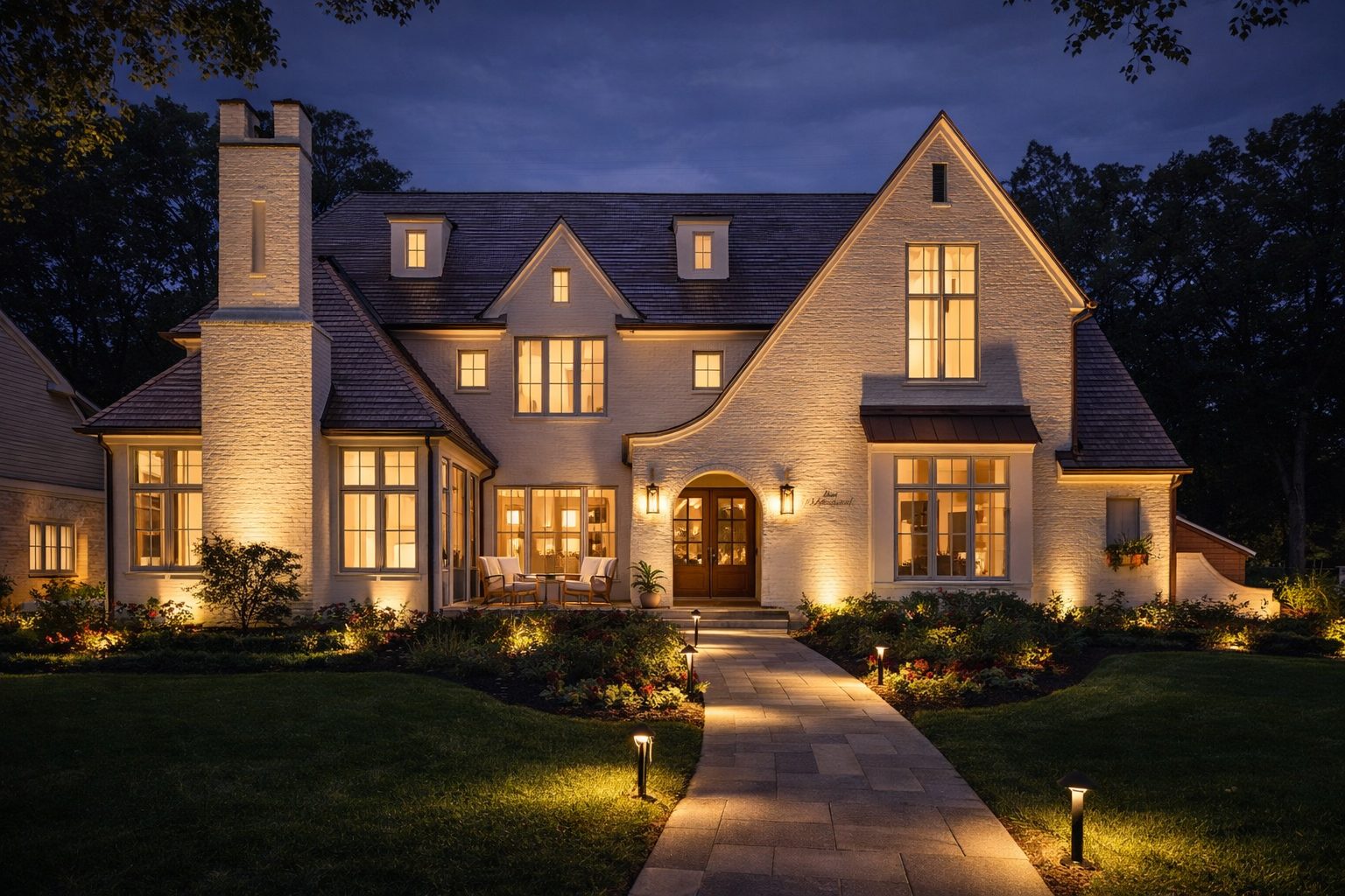 Landscape lighting on a modern Tudor home